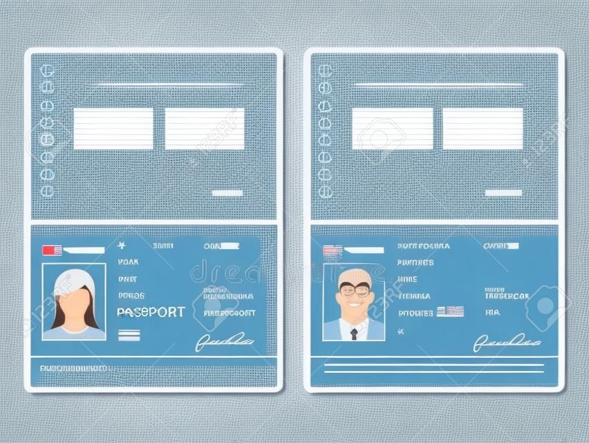 Vector plantilla de pasaporte abierto en blanco. Pasaporte internacional con muestra de página de datos personales. Documento para. Ilustración vectorial aislado