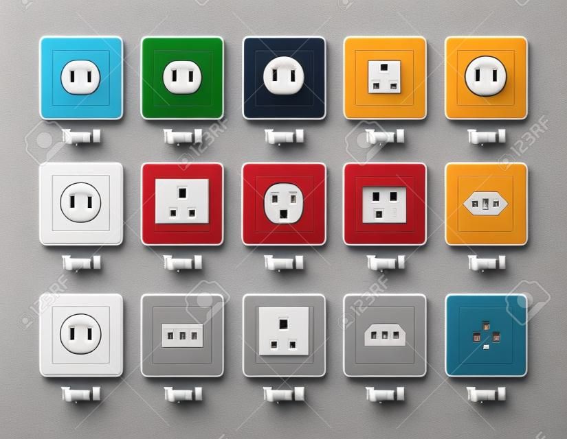 Switches and sockets set. All types. AC power sockets realistic illustration