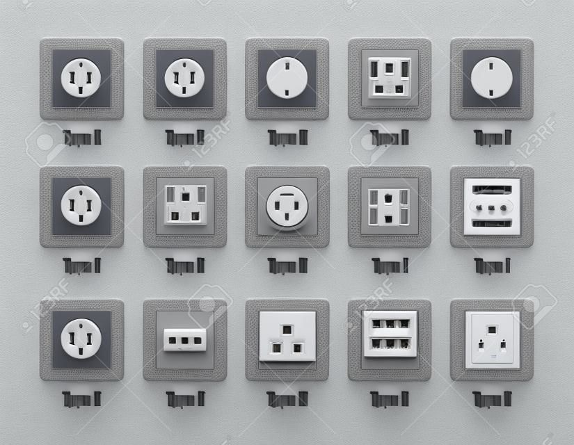 Conjunto de interruptores y enchufes. Todos los tipos. Ilustración realista de tomas de corriente alterna