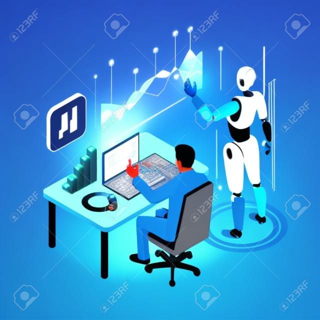 Isometric man and woman with robot artificial intelligence working , robot working with virtual display. RPA, artificial intelligence, robotics process automation