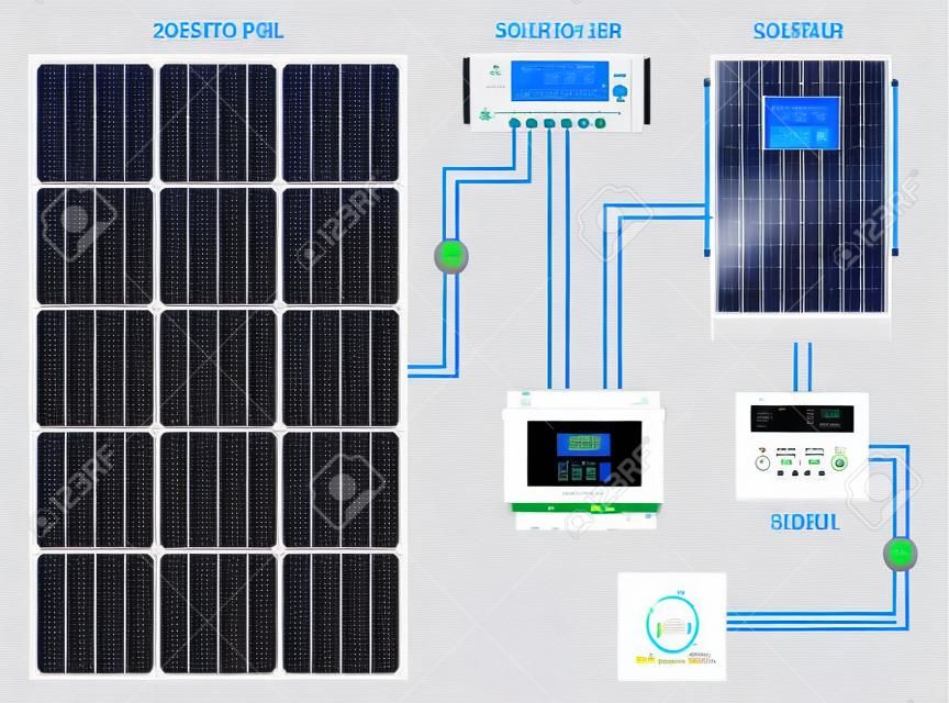 Solar Panel cell System with Hybrid Inverter, Controller, Battery Bank and Meter designed. Renewable energy sources. Backup power energy storage system.