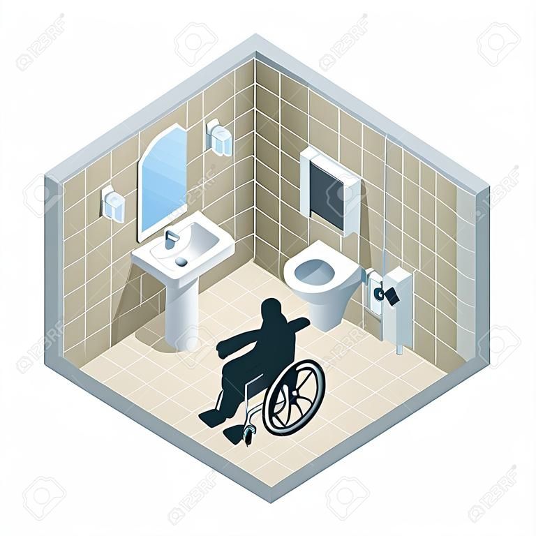 障害者のための等尺性のモダンなトイレ。手すりと車椅子でのアクセスが可能な高齢者および障害者用のバスルーム