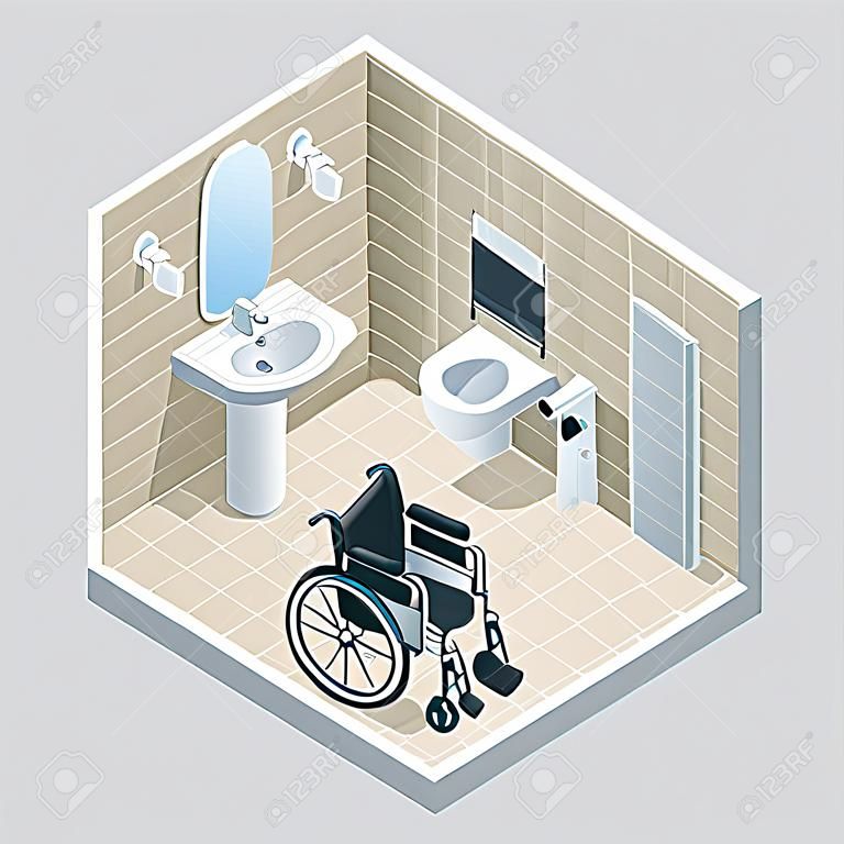 Baño moderno isométrico para personas discapacitadas. Baño para personas mayores y discapacitados, con barras de apoyo y acceso para sillas de ruedas