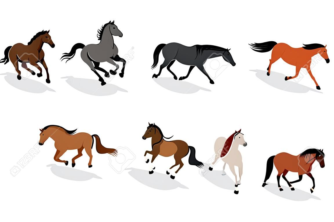 Isometrisches Pferdesymbol isoliert auf weißem Hintergrund. Tier in verschiedenen Posen stehend, gehend, trabend, galoppierend, Pferde aufbäumend.