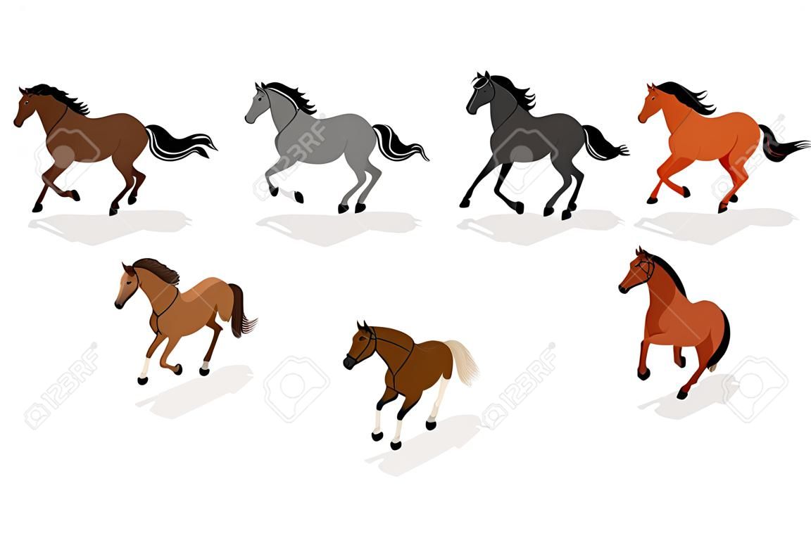 Isometrisches Pferdesymbol isoliert auf weißem Hintergrund. Tier in verschiedenen Posen stehend, gehend, trabend, galoppierend, Pferde aufbäumend.