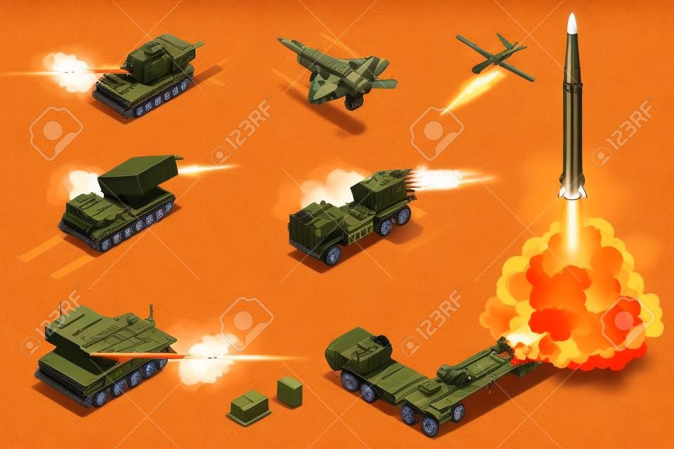Military war set Isometric rocket salvo fire system on a wheeled landing gear. Rocket artillery. Tactical ballistic missile. Army tractor with a rocket. Medium Range Ballistic Missile.