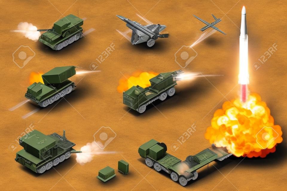 Military war set Isometric rocket salvo fire system on a wheeled landing gear. Rocket artillery. Tactical ballistic missile. Army tractor with a rocket. Medium Range Ballistic Missile.