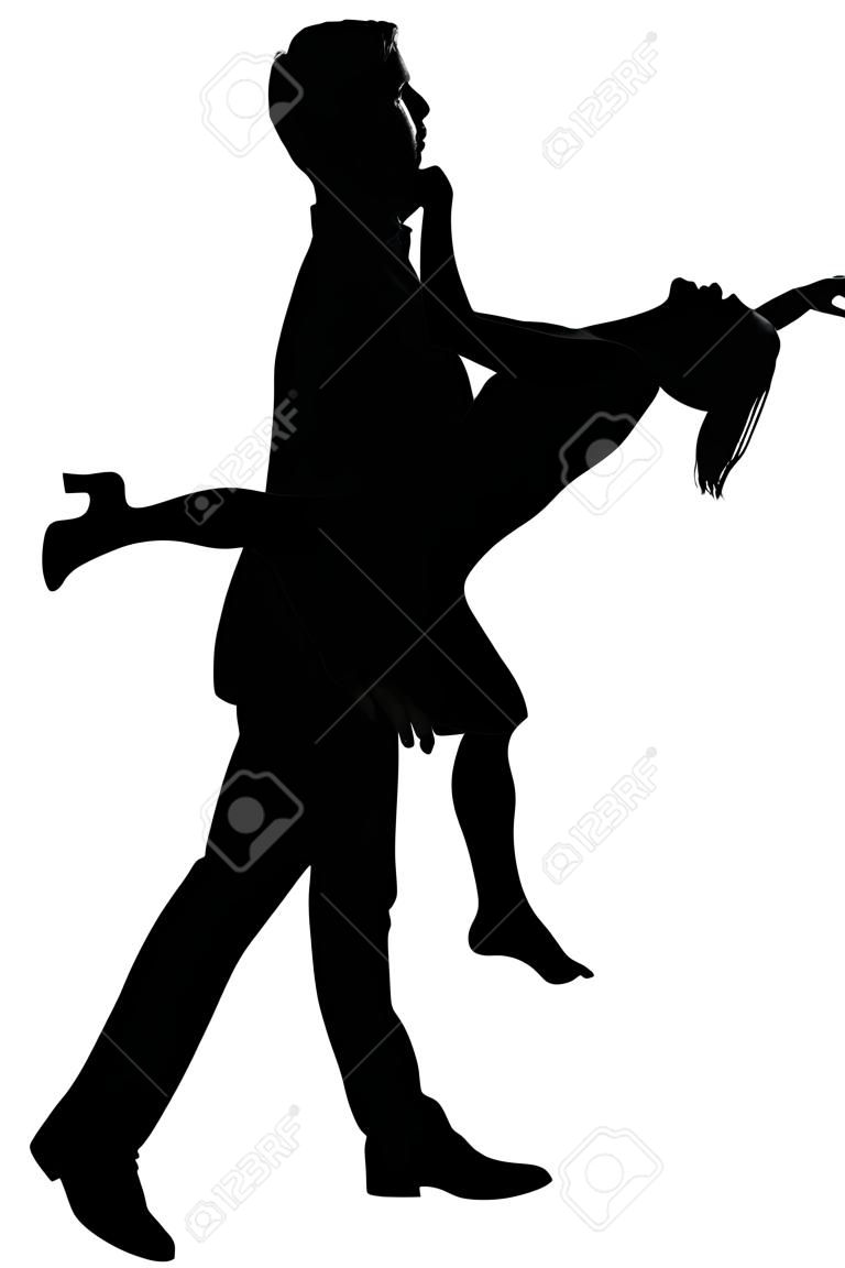 one caucasian couple man and woman dancing rock in studio silhouette isolated on white background