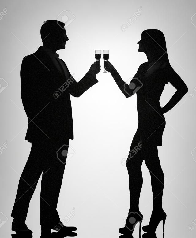 un hombre caucásico y mujer bebiendo champán en la fiesta de tostado estudio silueta aislados sobre fondo blanco
