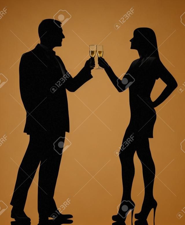 un hombre caucásico y mujer bebiendo champán en la fiesta de tostado estudio silueta aislados sobre fondo blanco