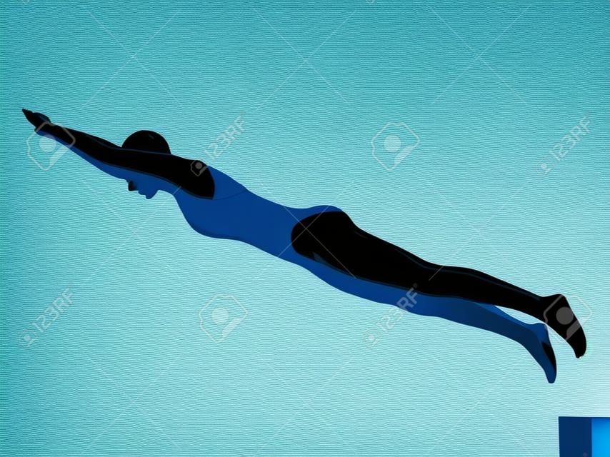una mujer caucásica nadador en la competición de partida en el estudio de la silueta aislado en el fondo blanco