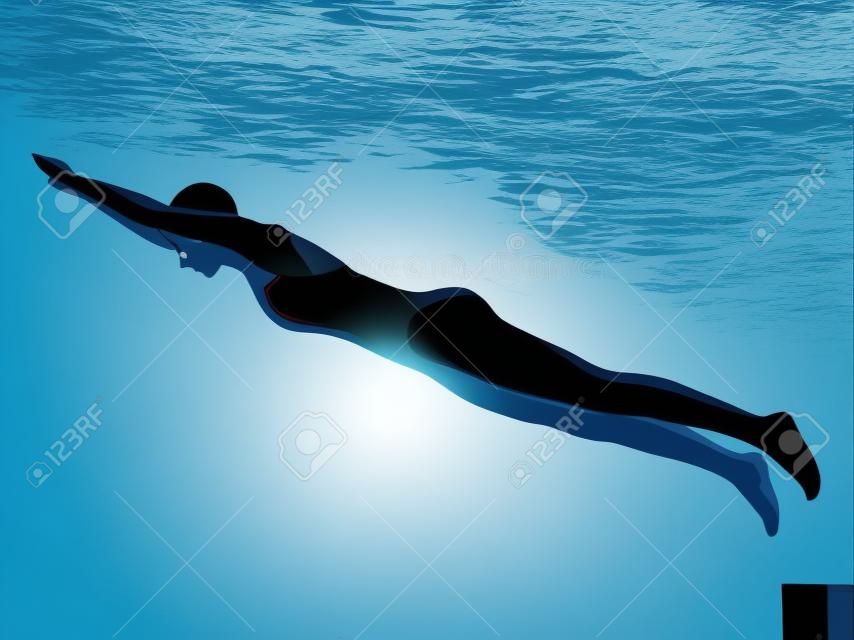 ein kaukasischen Frau competion Schwimmer beim Start in der Silhouette Studio isoliert auf weißem Hintergrund