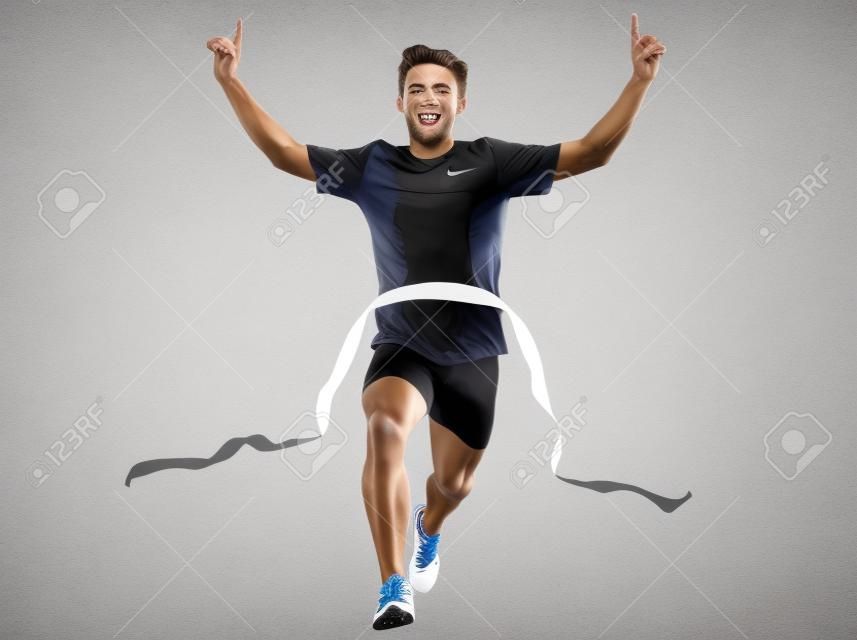 one caucasian man young sprinter runner running  winner at finish line  in silhouette studio  on white background