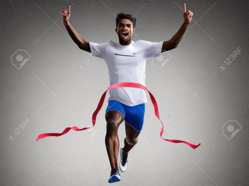 un uomo caucasico giovane velocista corre corridore vincitore al traguardo in studio silhouette su sfondo bianco