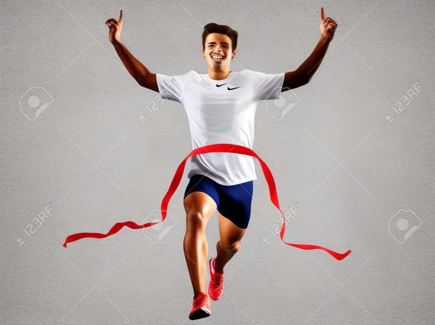 ein kaukasisch Mann junge Sprinter running Gewinner Ziellinie in Silhouette Studio auf wei?em Hintergrund