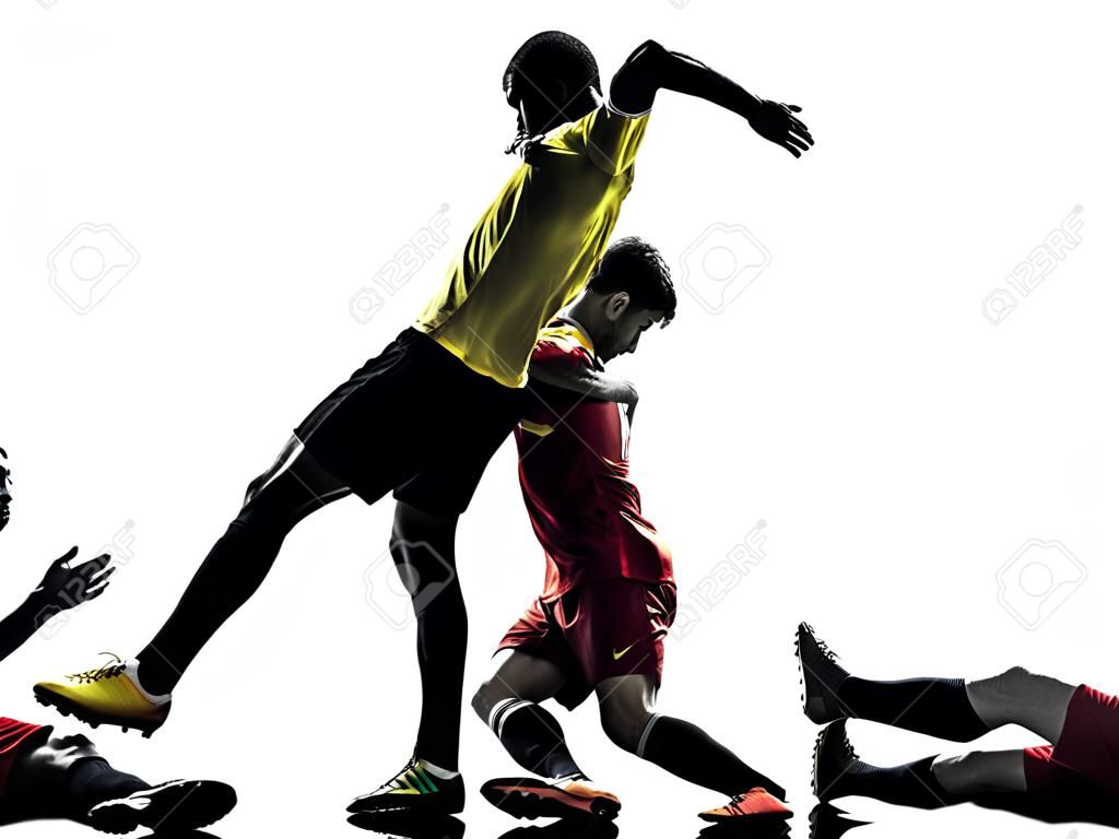 dos hombres futbolista jugando competición de fútbol concepto de juego limpio en la silueta en el fondo blanco