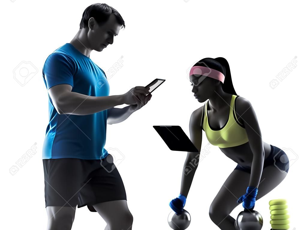 デジタル タブレットを使用して白い背景にシルエットで男性コーチとフィットネス トレーニングを行使一人の女性