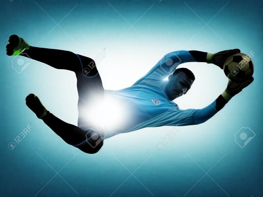 een voetballer keeper man vangen bal in silhouet geïsoleerde witte achtergrond