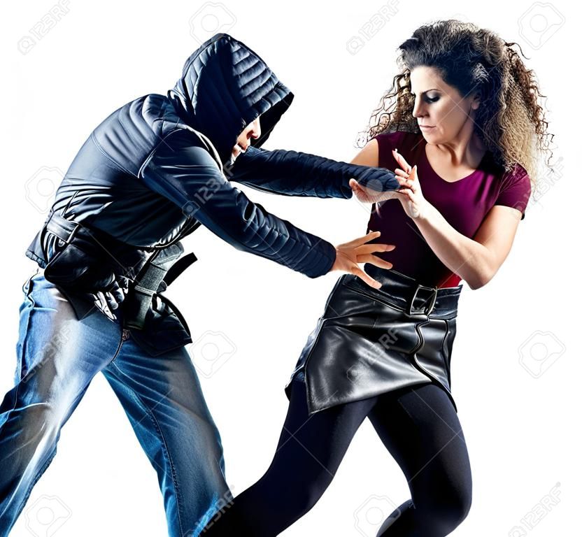 uma mulher caucasiana vítima de um ladrão agressão auto defesa isolada no fundo branco