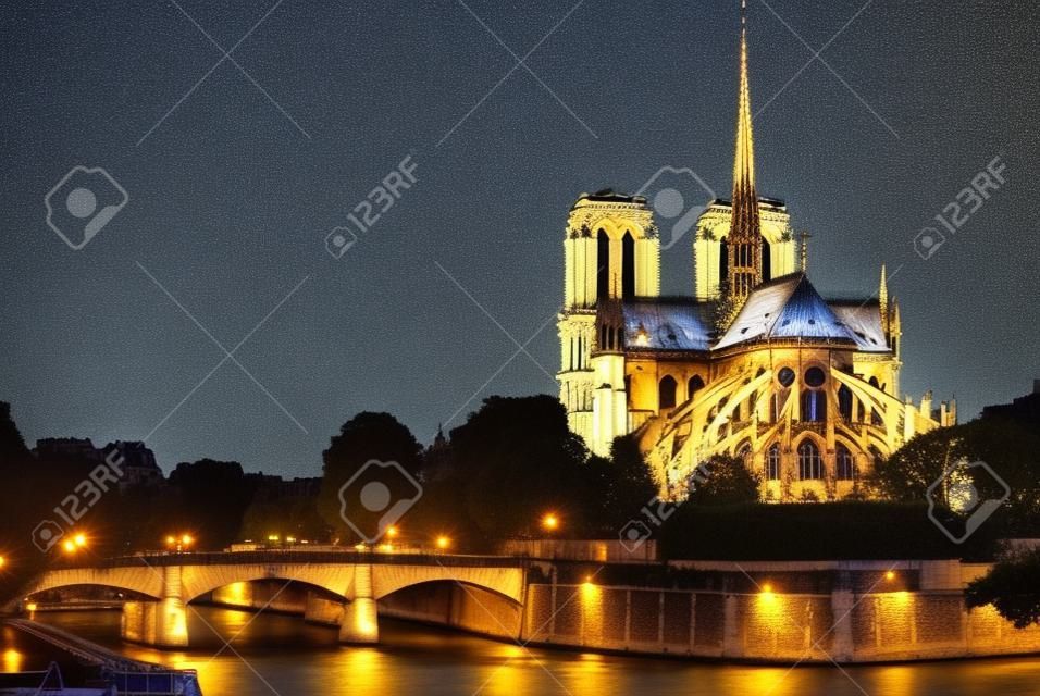Notre Dame de Paris por la noche y el río Sena Francia en la ciudad de París en Francia