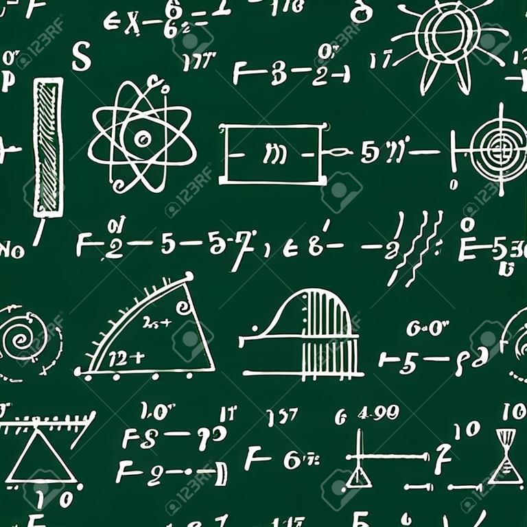 物理学の公式。シームレスなテクスチャ。数式と方程式を持つ学校の黒板。手描きのスタイル。