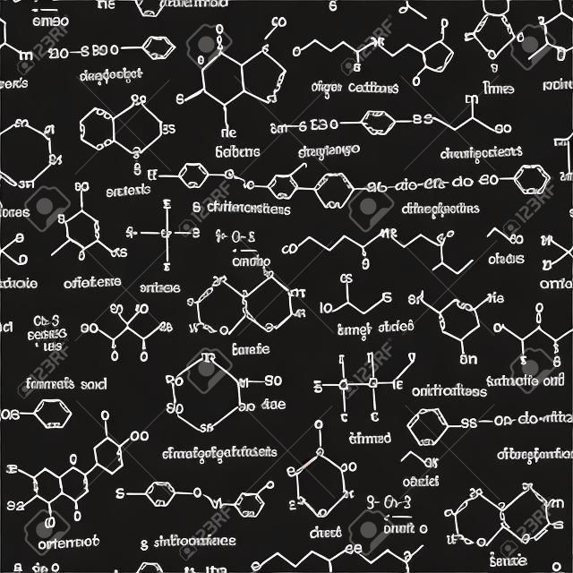 Organic compounds. Seamless texture. Sketch of the school blackboard with the chemestry organic compound. Organic -chemistry.