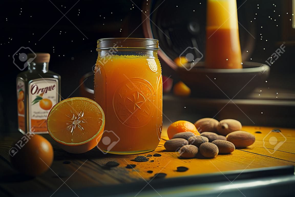 木のテーブルの上のガラス瓶に入ったオレンジジュース。トーン画像。