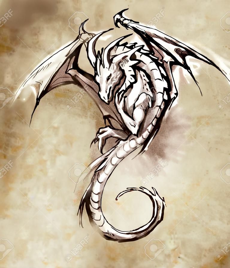 Croquis de l'art du tatouage, Fantasy dragon. Croquis de l'art du tatouage, monstre médiéval