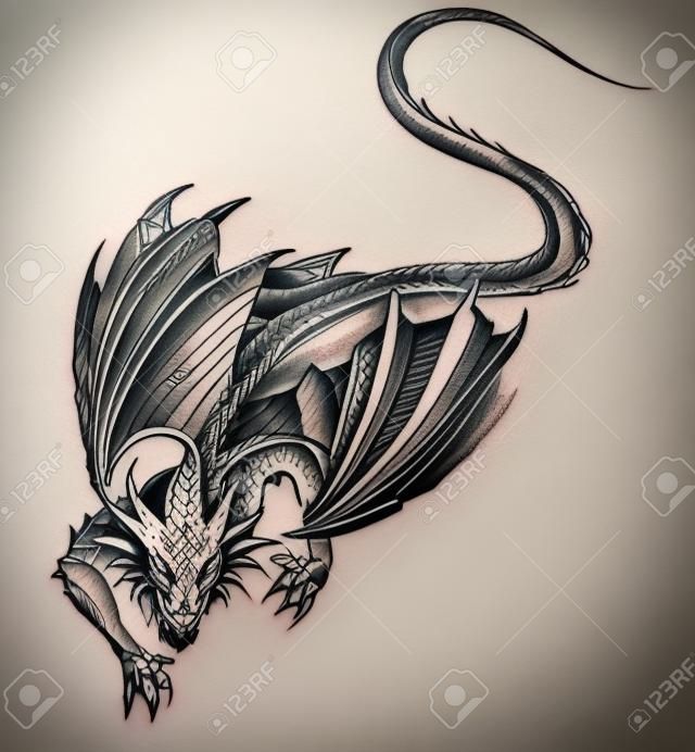 Schets van tatoeage kunst, moderne draak