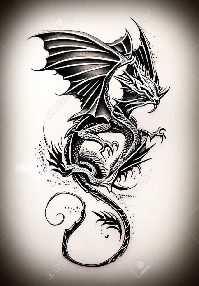 Esboço da arte da tatuagem, ilustração clássica do dragão