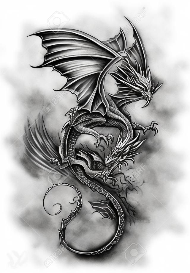 Esboço da arte da tatuagem, ilustração clássica do dragão