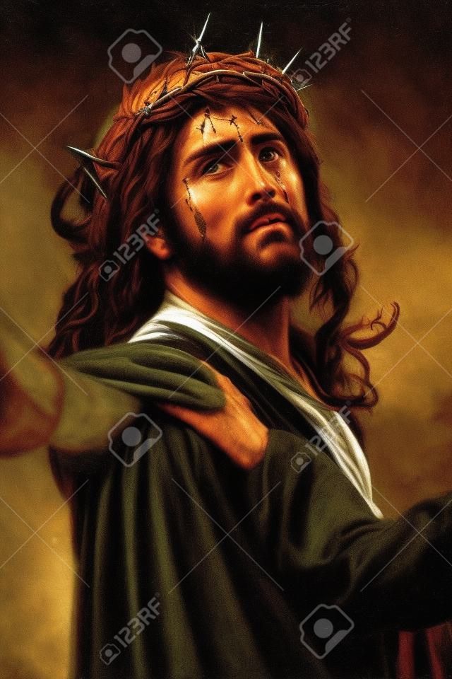 Jesucristo Calvario, sangrado hombre, la representación de la pasión con la corona de espinas
