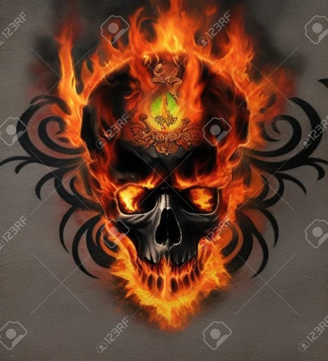 Burning skull. Sketch of tattoo art, fire with tribal flourishes