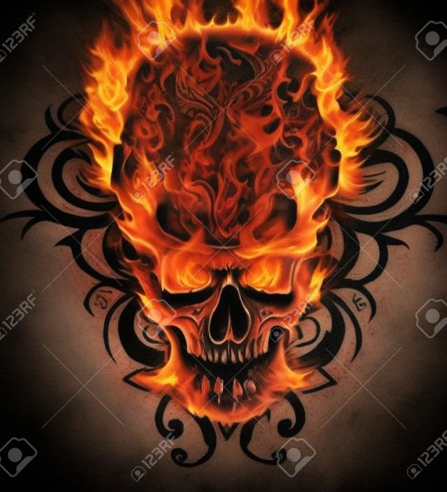 Burning skull. Sketch of tattoo art, fire with tribal flourishes