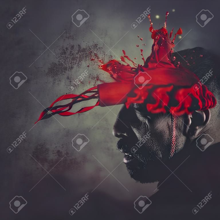 homem com a cabeça explodindo, sangue, conceito de dor, enxaqueca