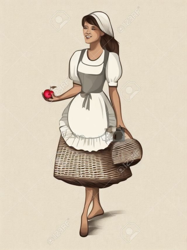Ritratto disegnato a mano di giovane bella ragazza di campagna che cammina con un cesto di mele. Matita digitale illustrazione isolato su sfondo bianco. Vita di campagna, agricoltura o concetto di cibo biologico sano