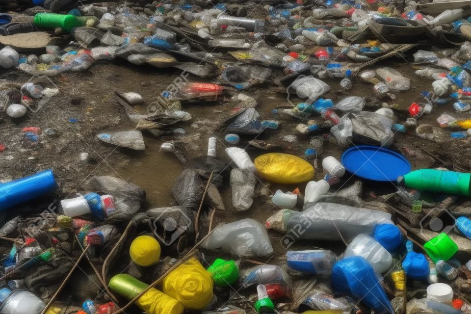 被各种各样的垃圾和垃圾污染的河流污染的河流摄影
