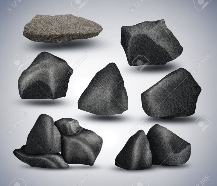 Granitowe kamienie, skały, zestaw samodzielnie na białym tle