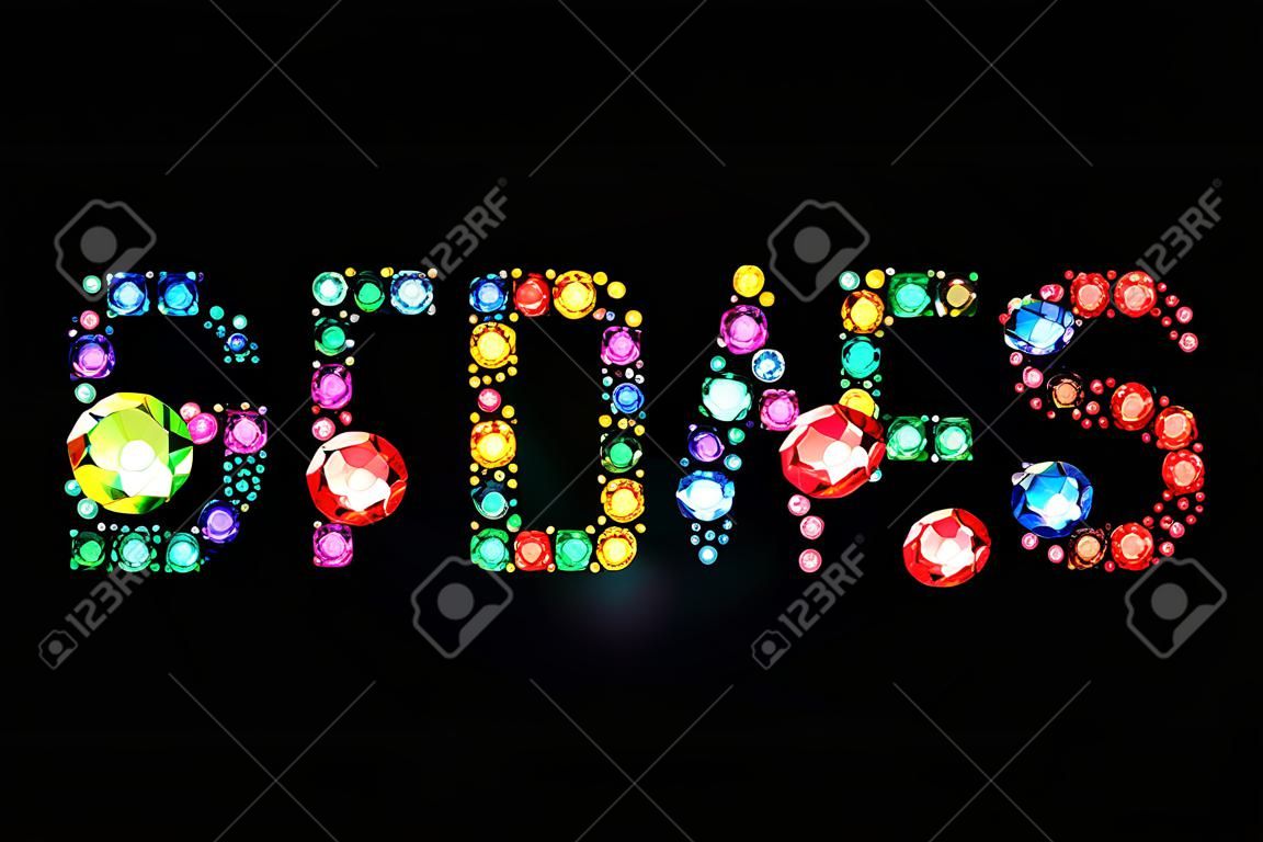 Word gems made of colored gems