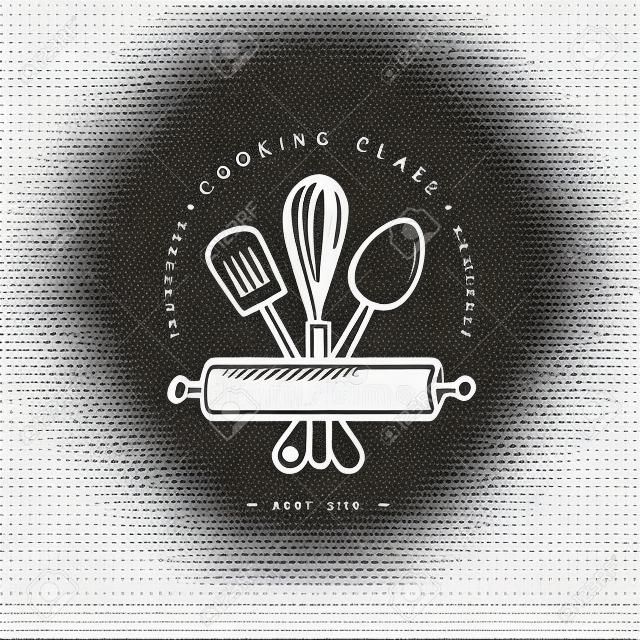 Cooking class linear design element, kitchen emblem, symbol, icon or food studio label. Cooking courses sign template or logo, identity, culinary school.