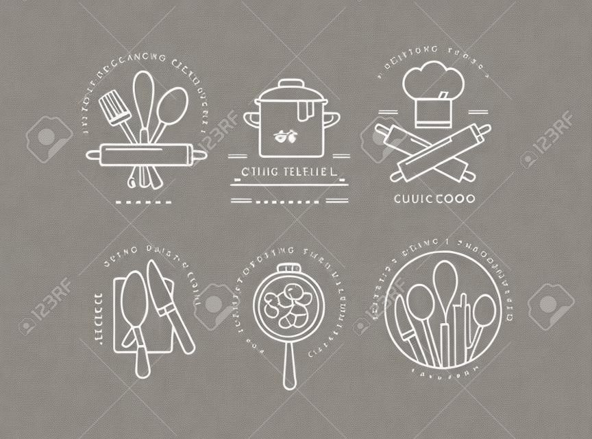Cuisine éléments de conception linéaire de classe, ensemble d'emblèmes de cuisine, symboles, icônes ou collection d'étiquettes et d'insignes de studio alimentaire Cours de cuisine signe modèle ou logo, identité, école de cuisine.