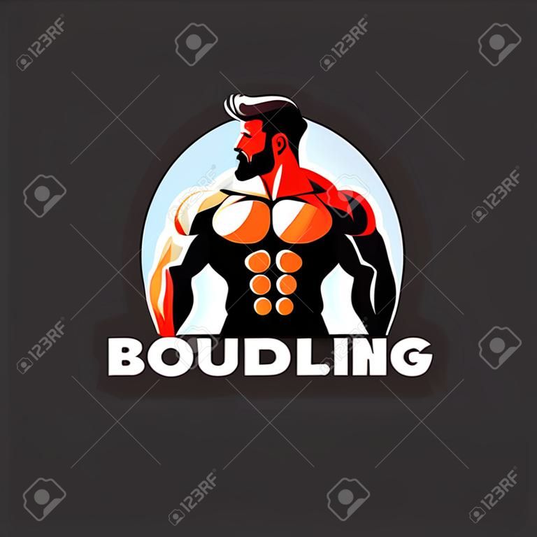 Fitness gym badge or emblem vector illustration. Man bodybuilder silhouette. Retro logo design.