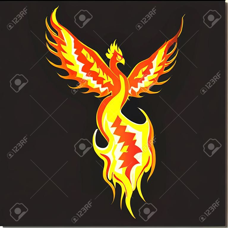 Fiery Phoenix with widely spread wings  The image can be used for tattoo 