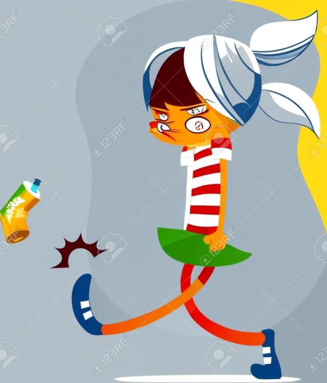 Une illustration de vecteur d'une jeune fille en colère coups de pied une canette de soda