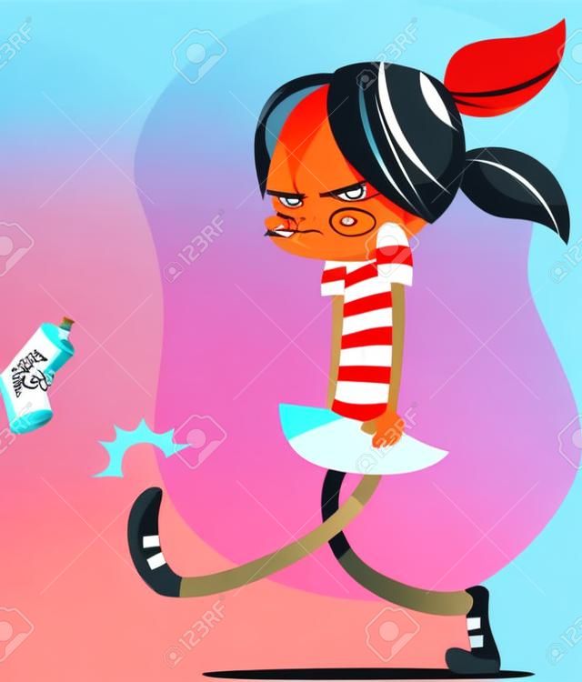 Una ilustración vectorial de una niña enojada pateando una lata de refresco