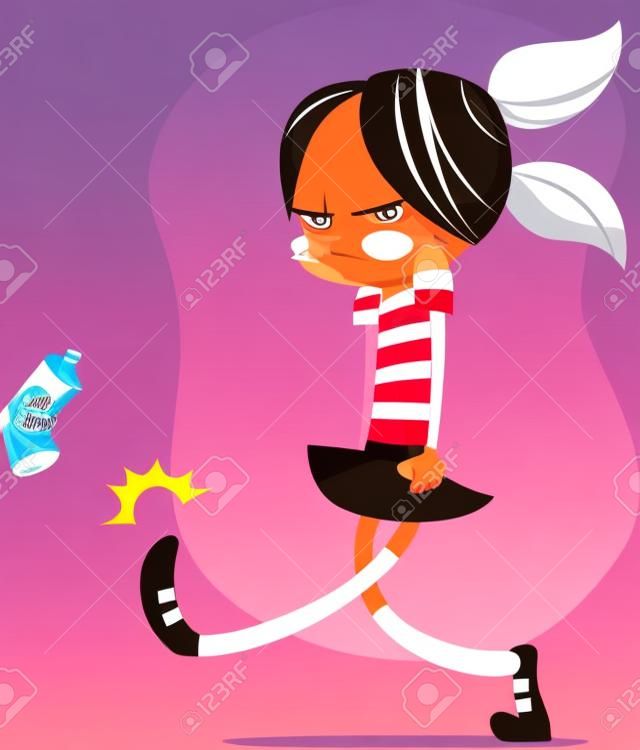 Uma ilustração vetorial de uma menina irritada chutando uma lata de refrigerante