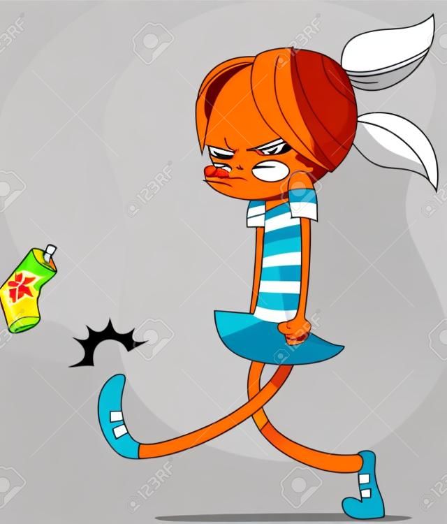 Una ilustración vectorial de una niña enojada pateando una lata de refresco