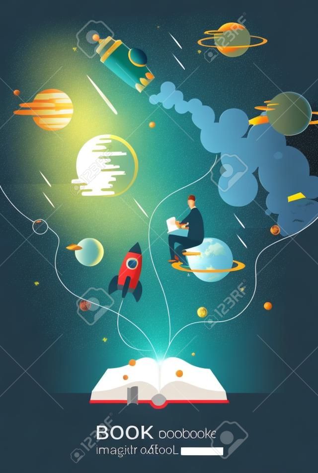 open book, space background, school, reading and learning , Imagination and inspiration picture. Fantasy and creative ,Vector flat illustration.