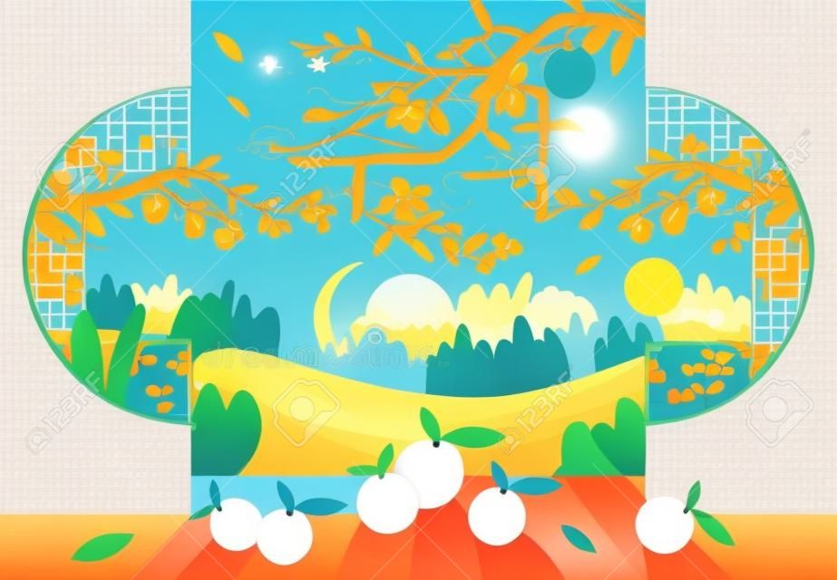 Happy Chuseok, Mid autumn festival. rabbits , Moon Festival , Thanksgiving in korea ,vector illustration. korea translation : Chuseok