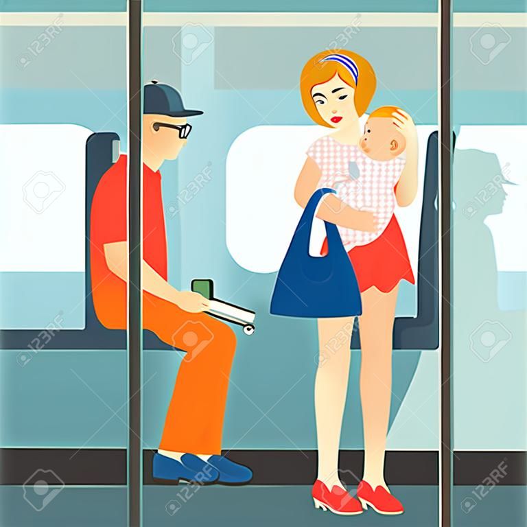 Good manners. The boy on the bus gives way to a woman with a baby.etiquette.
